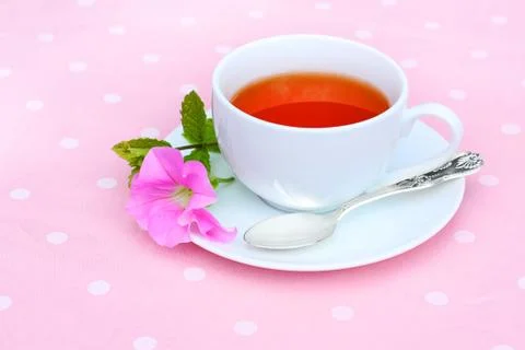 Fresh tea in a white teacup Stock Photos