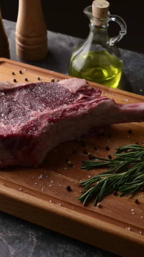 Fresh tomahawk steak on rustic board Stock Footage 269561249
