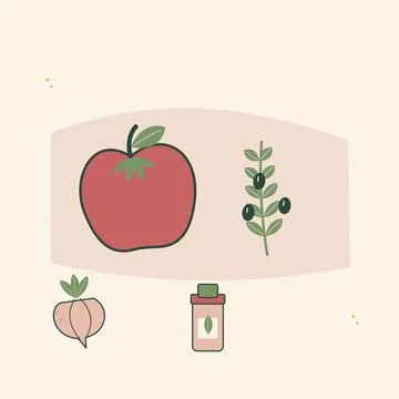 Fresh tomato and basil inspired olive arrangement. Decorative flat vector com Stockillustratie