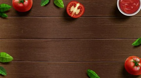Fresh tomato and basil on table Stock Illustration
