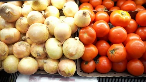 Fresh tomato bell pepper vegetable in tray , slow motion Stock Footage 107539043