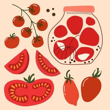 Fresh Tomato Collection with Cherry Branches Slices and Pickled Tomato Jar Stock Illustration
