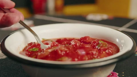Fresh tomato salsa dip with tomatoes, onions, cilantro, hot jalapeno peppers or Stock Footage 233914549