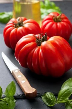 Fresh tomatoes and basil Stock Photos