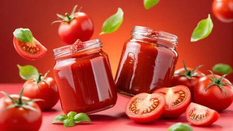 Fresh tomatoes and basil Stock Photos