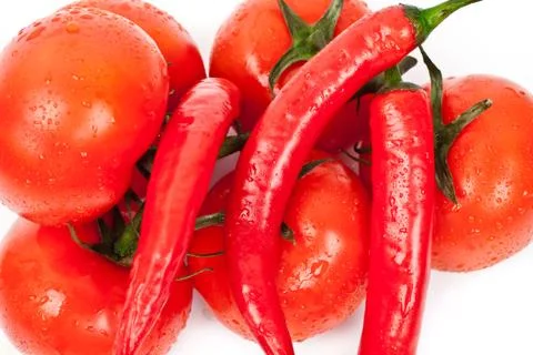 Fresh tomatoes and hot peppers Stock Photos