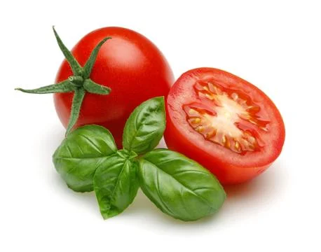 Fresh tomatoes with basil leaf Stock Photos