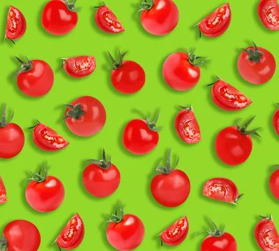 Fresh tomatoes on green background. Pattern design Stockfoto's