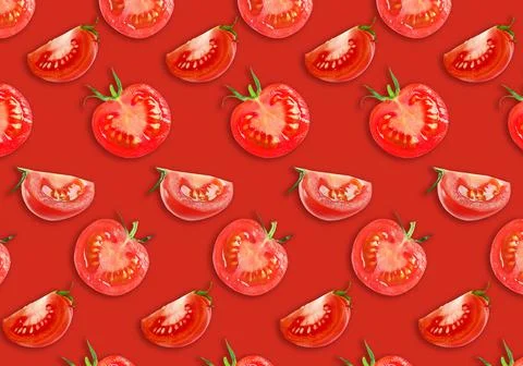 Fresh tomatoes on red background. Pattern design Stock Photos