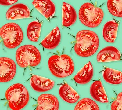 Fresh tomatoes on turquoise background. Pattern design Stock Photos