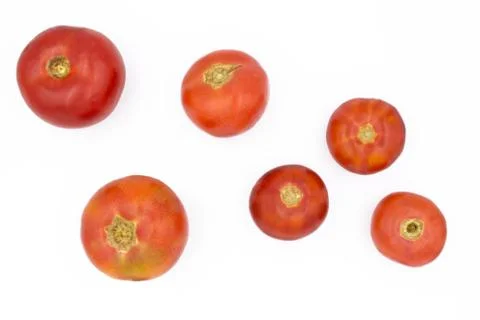 Fresh tomatoes on a white background, flat lay. Healthy food, vegan food. Stock Photos