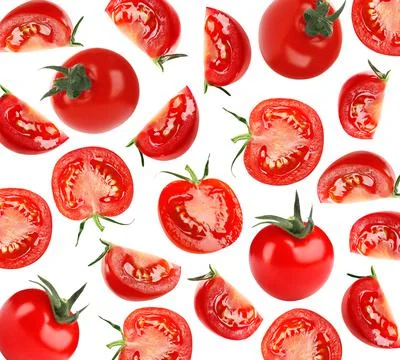 Fresh tomatoes on white background. Pattern design 스톡 사진