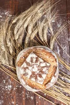 Fresh traditional bread with wheat Stock Photos