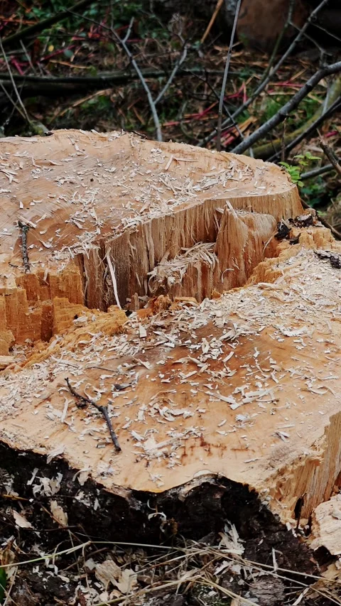 Fresh tree stump with light wood and visible growth rings. Tree trunk cut in Stock Footage 324928045