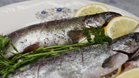 Fresh trout being prepared for baking, arranged on a white plate. Video stock 221406989