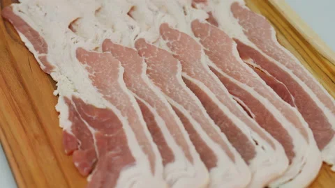 Fresh Uncooked Thin Bacon Slices Stock Footage 199129761