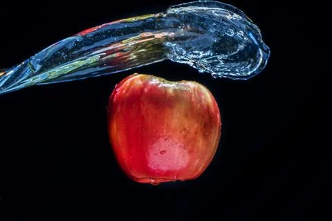 Fresh  Variegated apple  gets splashed with water on black background. Concep Stock Photos