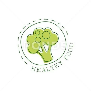 Fresh Vegan Food Promotional Sign With Broccoli In Round Frame For Vegetarian Stock Illustration