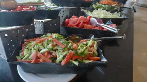 Fresh vegetable buffet in hotel restaurant at lunchtime Stock Footage 333661349