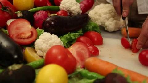 Fresh Vegetable Cutting With Cherry Tomatoes Stock Footage 343739139