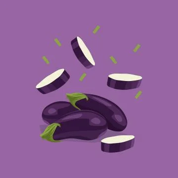 Fresh vegetable Eggplant falling vector in violet background Stock Illustration