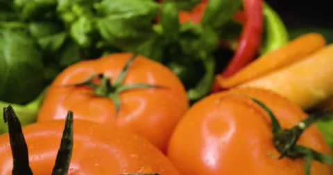 Fresh vegetable in extreme close up, macro shot, tomato, basil, salad, paprika Stock Footage 146514164