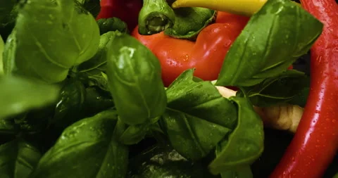 Fresh vegetable in extreme close up, macro shot, tomato, basil, salad, paprika Stock Footage 146514255