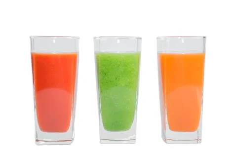 Fresh vegetable juices on white background Stock Photos