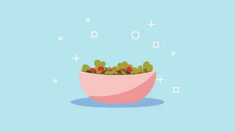 Fresh vegetable salad animation in pink bowl with floating geometric shapes.. 動画素材 338994271