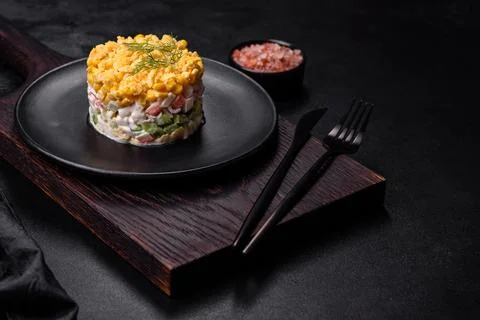 Fresh vegetable salad with corn, pepper, crab, cucumber, eggs and mayonnaise Stock Photos