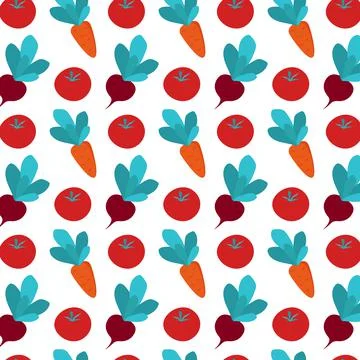Fresh vegetable seamless pattern with carrots, tomato and beet. Flat isolated Illustrazione stock