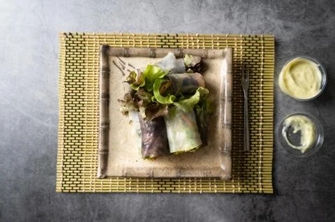 Fresh vegetable spring roll, clean food, on dark background,top view Stock Photos