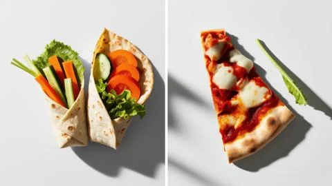 Fresh Vegetable Wrap vs Pizza Slice Comparison Stock Photos