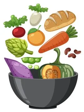 Fresh Vegetables and Bread Falling Into Black Bowl Stockillustratie