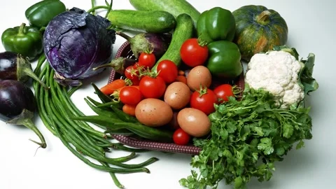 Fresh Vegetables and Eggs Assortment, Variety of fresh vegetables and eggs .. Stock Footage 305038734