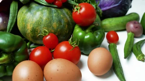 Fresh Vegetables and Eggs Assortment Footage, A colorful assortment of fres.. Stock Footage 305054562