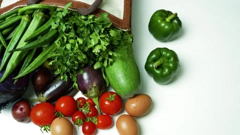Fresh Vegetables and Eggs from Cloth Bag, A variety of fresh vegetables and.. 스톡 동영상 305045631