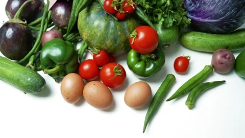 Fresh Vegetables and Eggs from a Paper Bag, A variety of fresh vegetables a.. 스톡 동영상 305054705