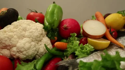 Fresh Vegetables And Fish In A Close Up Food Scene Stock Footage 343741754