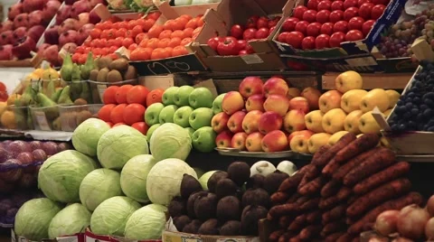 Fresh vegetables and fruits on the shelves Stock Footage 59306178