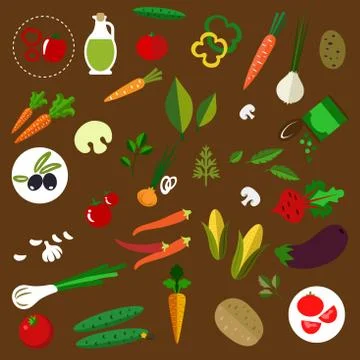 Fresh vegetables and herbs flat icons Illustrazione stock