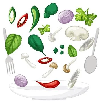 Fresh Vegetables and Herbs Floating Above Plate Illustration Ilustração Stock