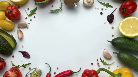 Fresh vegetables and spices frame moving on white background Stock Footage 330053049