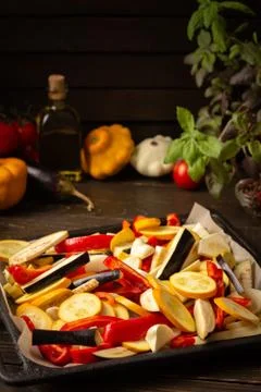 Fresh vegetables on a baking sheet Stock Photos