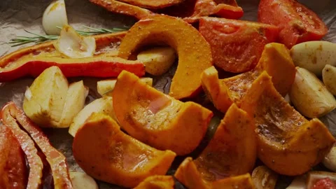 Fresh Vegetables on Baking Sheet Before Roasting Stock Footage 320062276
