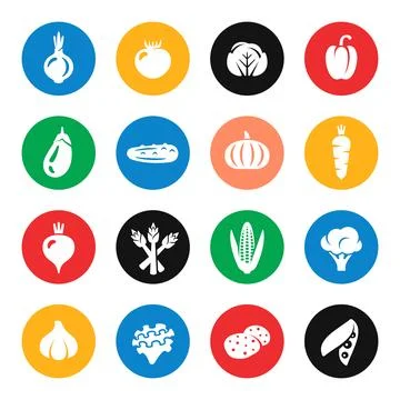 Fresh vegetables bright coloured vector icon set Illustrazione stock