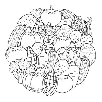 Fresh vegetables circle shape pattern for coloring book. Doodle healthy food Stock Illustration