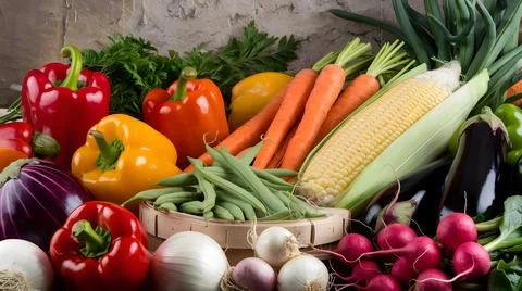 Fresh vegetables like corn on the cob and colorful peppers Stock Photos