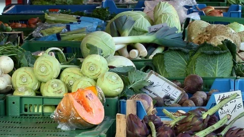 Fresh vegetables on the Counter in the Store. Showcase Vegetables. Stock Footage 100939360