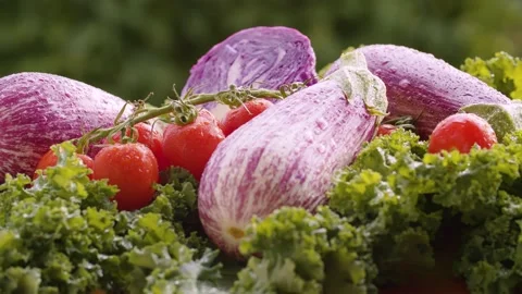 Fresh vegetables in drops of water Stock Footage 135884679